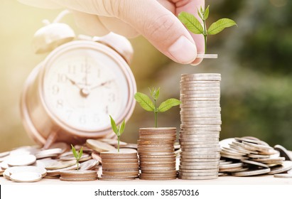Close up of male hand stacking gold coins with green bokeh background ,Business Finance and Money concept,Save money for prepare in the future.Trees growing on coin