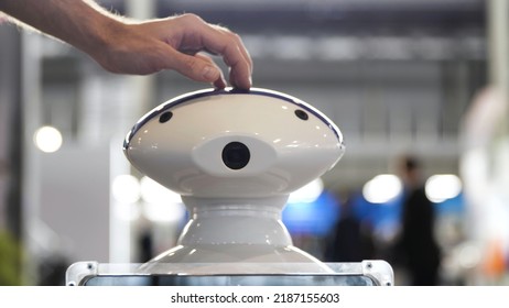 Close Up Of Male Hand Touching A Head Of A Robot At The Exhibition. Media. Man Patting On The Head Of A Moving Plastic Humanoid Robot, Concept Of Modern Technologies.