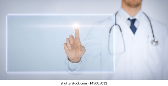 Close Up Of Male Hand Touching Virtual Screen