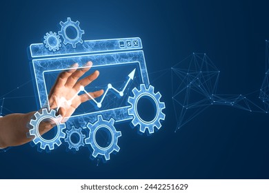 Close up of male hand using creative digital computer folder with cogs, mesh and arrows on blurry backdrop. Project Management icon, data management, folder, project goals, task management concept - Powered by Shutterstock