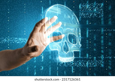 Close up of male hand using glowing digital blue glitch skull hologram on dark background. Virus, crime and hacking concept