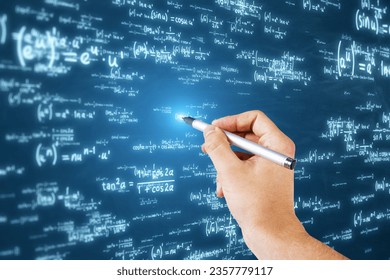 Close up of male hand using glowing digital math formulas hologram on blurry background. Ai and statistics, education concept