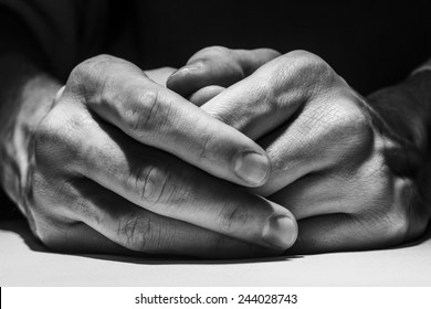 Close Up Of Male Hands. Black And White. 