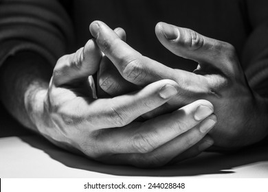 Close Up Of Male Hands. Black And White. 