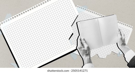 Close up of male hands holding notepad next to abstract torn copybook sheets on gray background. Mock up place. Education and back to school concept - Powered by Shutterstock