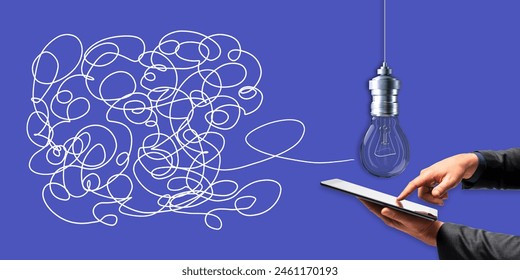 Close up of male hands holding and using mobile phone with creative light bulb sketch with mesh on blue background. Idea, innovation and creativity concept - Powered by Shutterstock