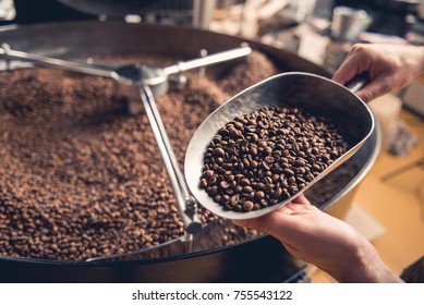 Close up male hands keeping spatula with coffee beans near special equipment. Factory concept