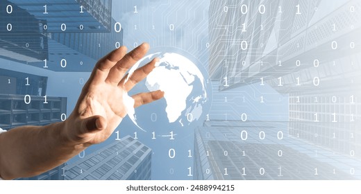 Close up of male hands using glowing digital globe on bright tech city background with mock up place. Double exposure