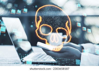 Close up of male hands using laptop and cellphone with glowing digital binary code skull on blurry outdoor background. Hacking, piracy, malware and data theft concept. Double exposure - Powered by Shutterstock - Get 15% off with code: PIKWIZARD15