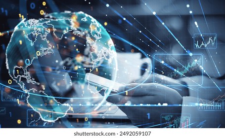 Close up of male hands using laptop and smartphone with coffee cup and creative binary coding globe on blurry background. World map and global business technologies concept. Double exposure