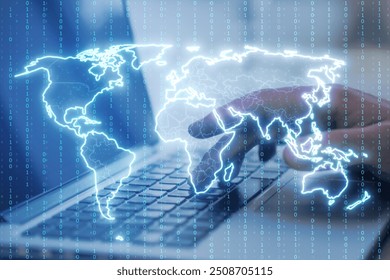 Close up of male hands using laptop keyboard with glowing polygonal map. Innovation and interactive map. Double exposure