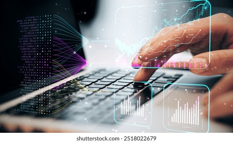 Close up of male hands using laptop keyboard with creative glowing business chart and ai binary code nodes on blurry background. Virtual marketing and finance concept. Double exposure