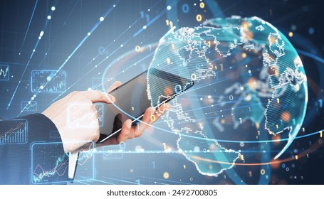 Close up of male hands using tablet with creative binary coding globe on blurry background. World map and global business technologies concept. Double exposure