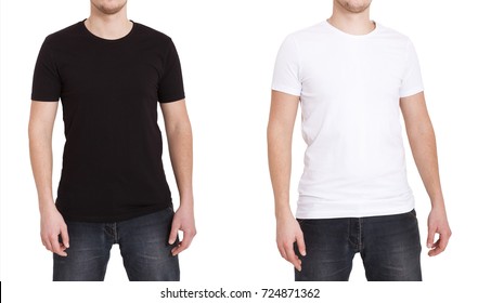 Close Up Of Man In Blank Black And White T-shirt. Mock Up Of Tshirt Isolated On White.