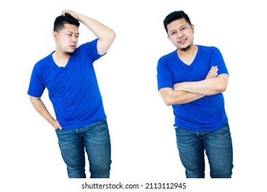 Close Up Of Man In Blank V-neck Short Sleeve Blue