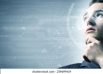 Close up of man eye with digital icons