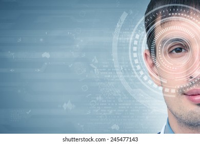 Close up of man eye with digital icons