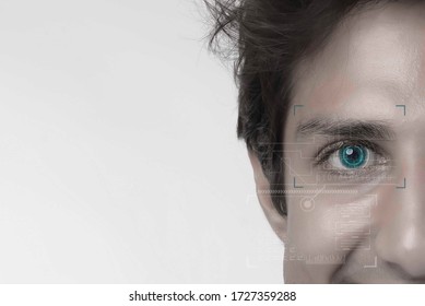 Close up of man eye in process of scanning,human being futuristic vision, vision and control and protection of persons, control and security in the accesses.Concept of: dna system.