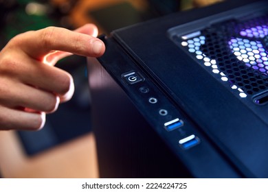 Close Up Of Man Gaming At Home Turning Power Switch On Computer On Or Off