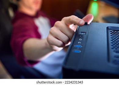 Close Up Of Man Gaming At Home Turning Power Switch On Computer On Or Off