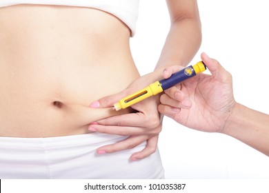 Close Up Of Man Hand Help Woman Inject Drugs To Prepare For IVF Treatment Isolated On White Background, Model Is A Asian Beauty