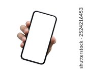 close up man hand hold smartphone device with blank screen isolated on white background for social media campaign and show notification or special offer advertisement for marketing design concept