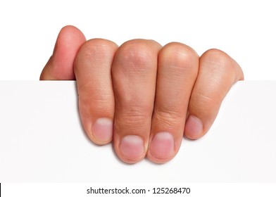 Close Up Of Man Hand Holding Blank Advertising Card On White