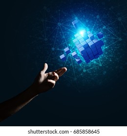 Close of man hand holding cube figure as symbol of innovation. Mixed media. - Shutterstock ID 685858645