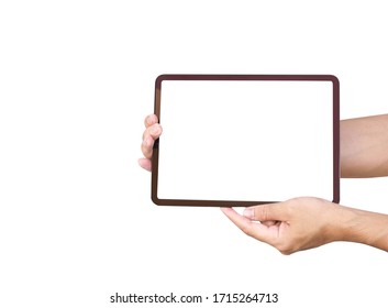 Close Up Man Hand Holding Digital Tablet Computer With White Screen For Text Or Product Advertising Concept Concept