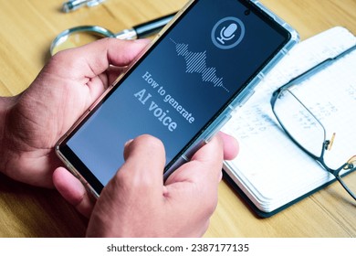 Close up of a man hand holding his smartphone screen showing message how to generate AI voice. Selective focus, generative artificial intelligence concept.