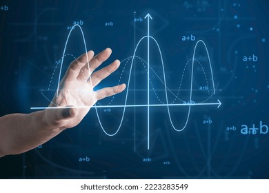 Close up of man hand pointing at abstract glowing mathematical formula graph on blue background. Equation, digital data and mathematics app concept