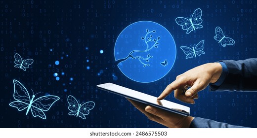 Close up of man hand pointing at cellphone with creative binary coding background with nature and butterflies. AI art and innovation concept