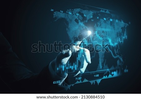 Close up of man hand pointing at creative glowing forex chart with map on blue background. Stock, trade and finance concept. Double exposure
