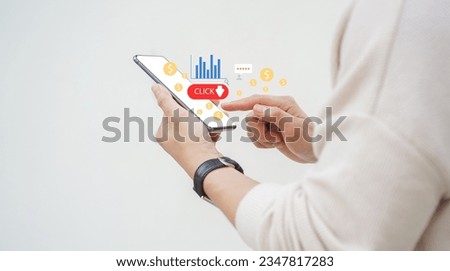 close up man hand touch screen on smartphone to use marketing tool to announce promotion and special offer and check traffic research of pay per click program on web page for online business concept