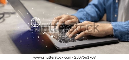 close up man hand type on laptop to browse website by use internet peering with virtual interface of connection of ISP broadband for network engineering and telecommunication technology concept