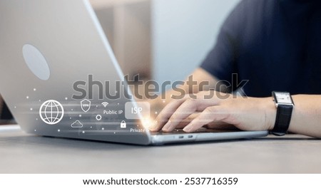 close up man hand type on laptop to browse website by use internet peering with virtual interface of connection of ISP broadband for network engineering and telecommunication technology concept