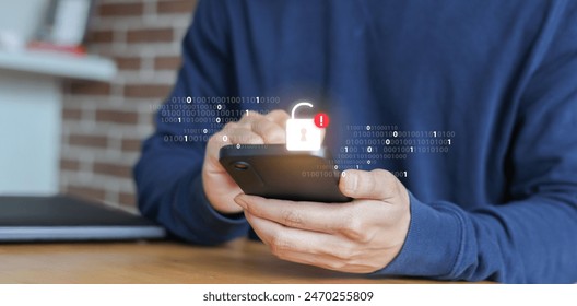close up man hand use smartphone to complete for unlocking system after hacking with binary code in operation room for digital information and leakage GDPR data concept