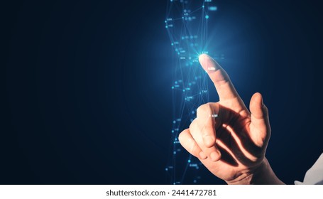 Close up of man hand using creative polygonal interface. Business screen, push and select concept. Mock up place