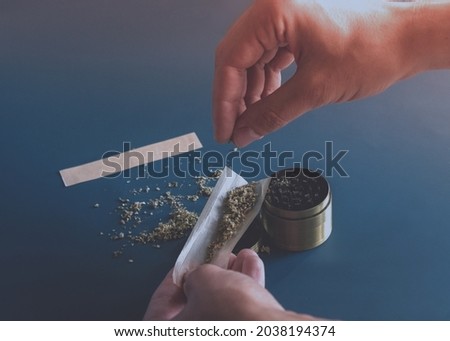 Close up man hands rolling a joint with herb girder to grind a cannabis buds on a blue background.Man rolling a marijuana weed blunt.