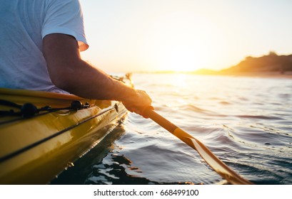 Close Up Of Man Holding Kayak Paddle. Kayaking, Paddling, Canoeing