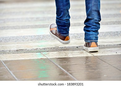 Close Up Of Man Shoes Walking