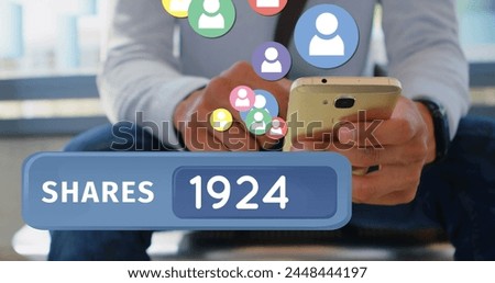 Close up of a man sitting in the office while checking on his phone. Bellow his phone in the foreground is a shares count bubble with follower icons flying upwards