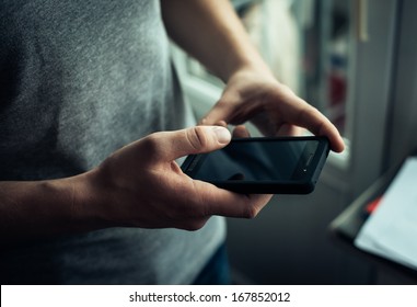 Close Up Of A Man Using Mobile Smart Phone