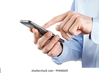 Close up of man using mobile smart phone isolated on white background