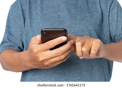 Close up of a man using a mobile smartphone isolated on white background. clipping path. - Shutterstock ID 1765641173