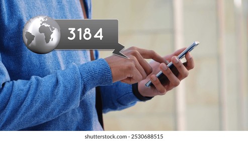 Close up of a man wearing a blue sweater beside a digital image of a globe icon and numbers inside a grey box. He is browsing on his smartphone while the numbers increase 4k