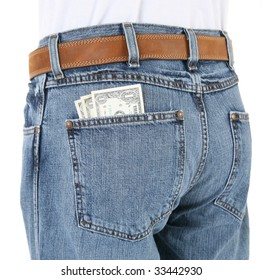 Close Up Of Man Wearing Jeans With Money In Back Pocket