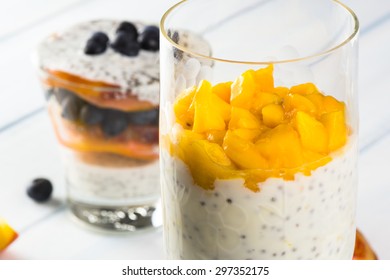 Close Up Of  Mango Chia Seed Yogurt Parfait.