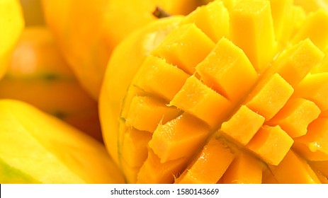 Close Up Mango Fruit And Mango Cubes Macro Photography Texture Background