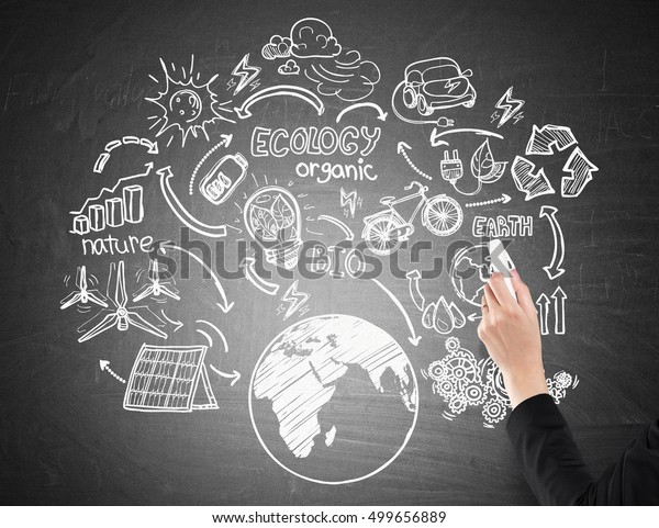 Close up of\
man\'s hand drawing an ecology sketch on blackboard. Concept of\
loving your planet and being eco\
friendly